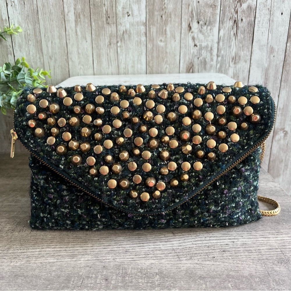 J. Crew Green Tweed Gold Studded Shoulder Bag Chain Strap Clutch